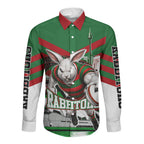 Personalized South Sydney Rabbitohs Rugby Long Sleeve Button Shirt Fierce Mascot And Sydney Skyline Graphic Art