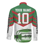 Personalized South Sydney Rabbitohs Rugby Long Sleeve Button Shirt Fierce Mascot And Sydney Skyline Graphic Art