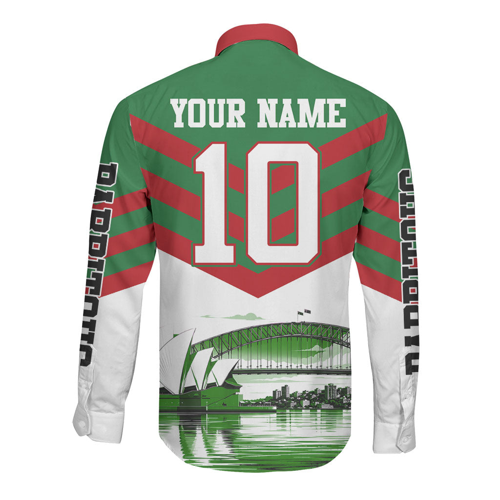 Personalized South Sydney Rabbitohs Rugby Long Sleeve Button Shirt Fierce Mascot And Sydney Skyline Graphic Art