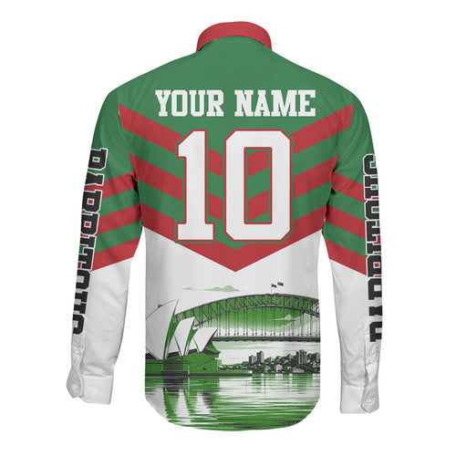 Personalized South Sydney Rabbitohs Rugby Long Sleeve Button Shirt Fierce Mascot And Sydney Skyline Graphic Art