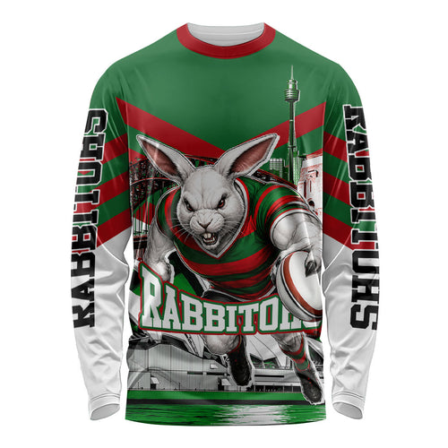 Personalized South Sydney Rabbitohs Rugby Long Sleeve Shirt Fierce Mascot And Sydney Skyline Graphic Art