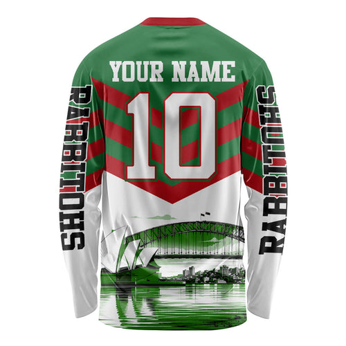 Personalized South Sydney Rabbitohs Rugby Long Sleeve Shirt Fierce Mascot And Sydney Skyline Graphic Art