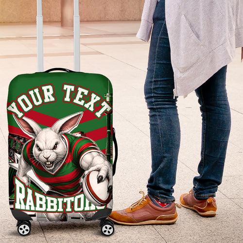 Personalized South Sydney Rabbitohs Rugby Luggage Cover Fierce Mascot And Sydney Skyline Graphic Art