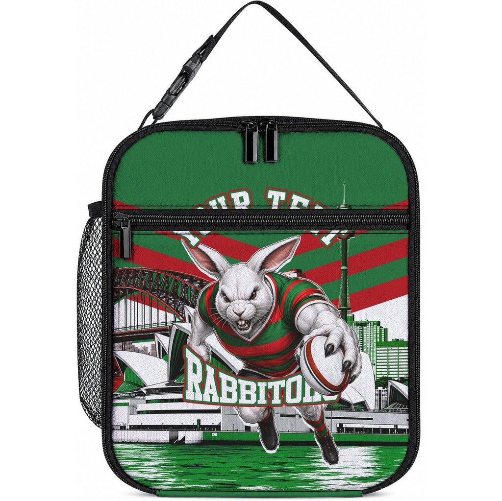 Personalized South Sydney Rabbitohs Rugby Lunch Bag Fierce Mascot And Sydney Skyline Graphic Art