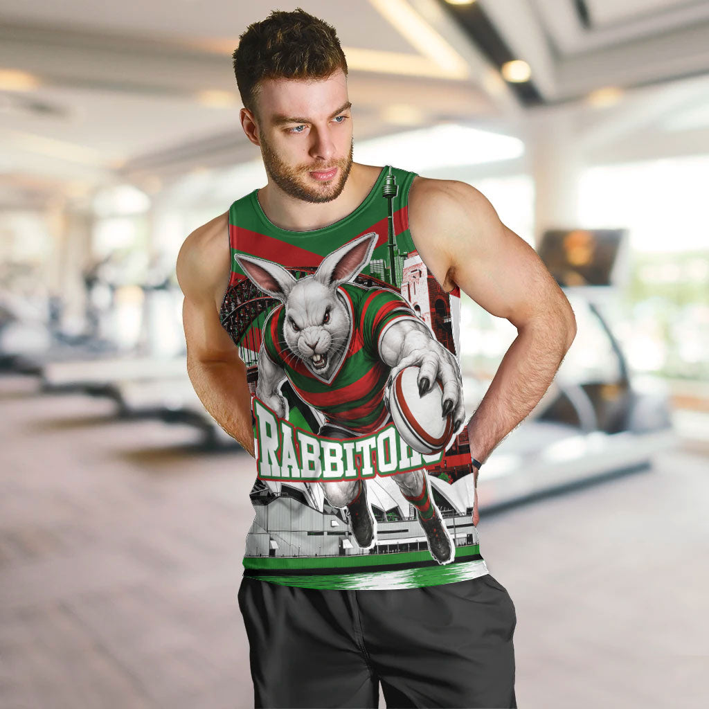 Personalized South Sydney Rabbitohs Rugby Men Tank Top Fierce Mascot And Sydney Skyline Graphic Art