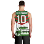 Personalized South Sydney Rabbitohs Rugby Men Tank Top Fierce Mascot And Sydney Skyline Graphic Art