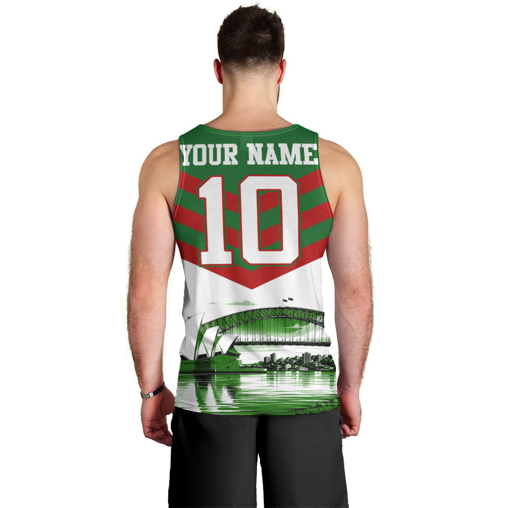 Personalized South Sydney Rabbitohs Rugby Men Tank Top Fierce Mascot And Sydney Skyline Graphic Art