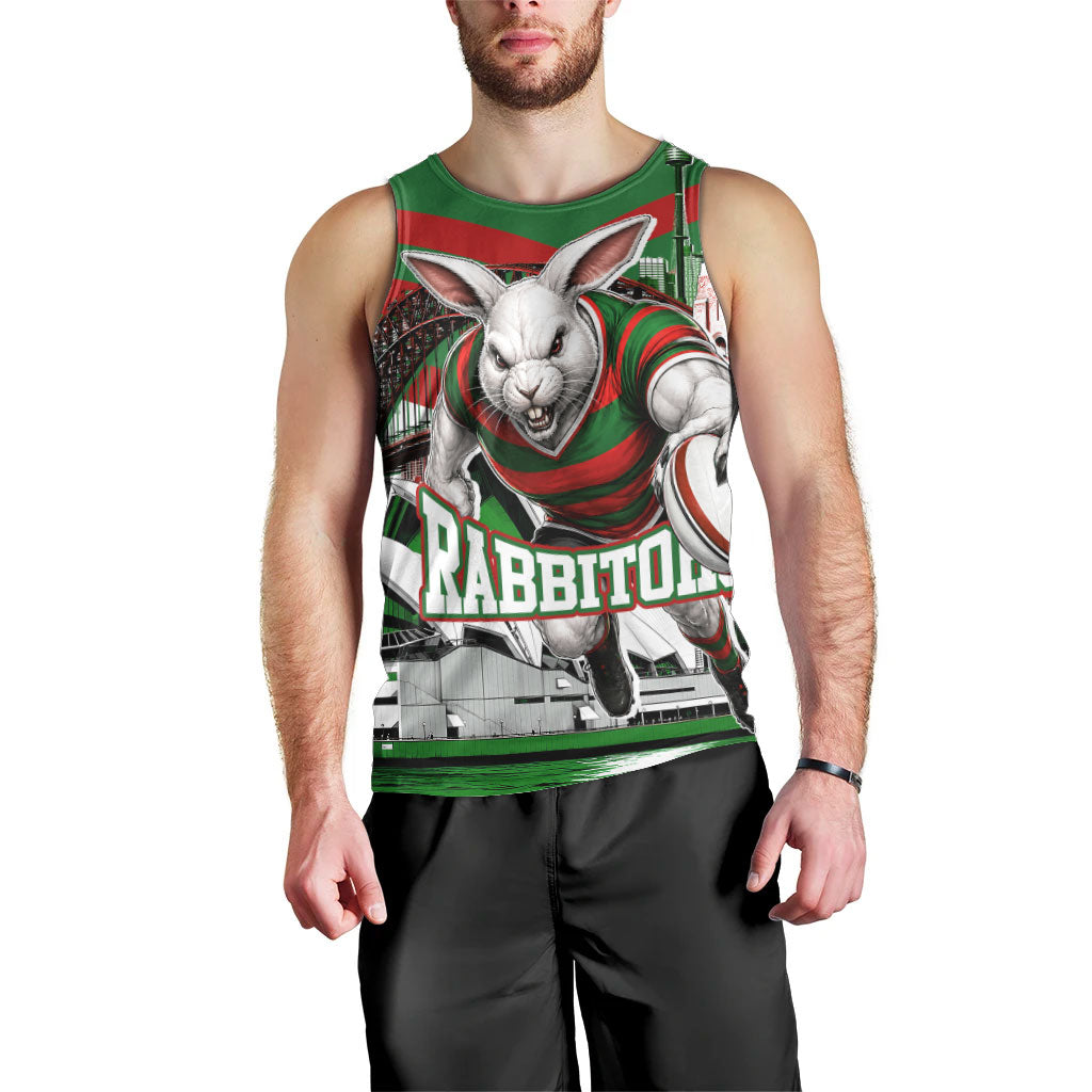 Personalized South Sydney Rabbitohs Rugby Men Tank Top Fierce Mascot And Sydney Skyline Graphic Art