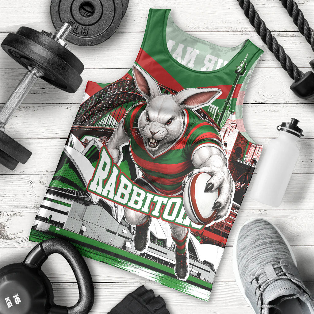 Personalized South Sydney Rabbitohs Rugby Men Tank Top Fierce Mascot And Sydney Skyline Graphic Art