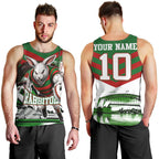 Personalized South Sydney Rabbitohs Rugby Men Tank Top Fierce Mascot And Sydney Skyline Graphic Art