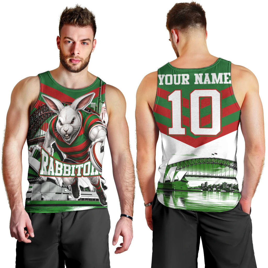 Personalized South Sydney Rabbitohs Rugby Men Tank Top Fierce Mascot And Sydney Skyline Graphic Art