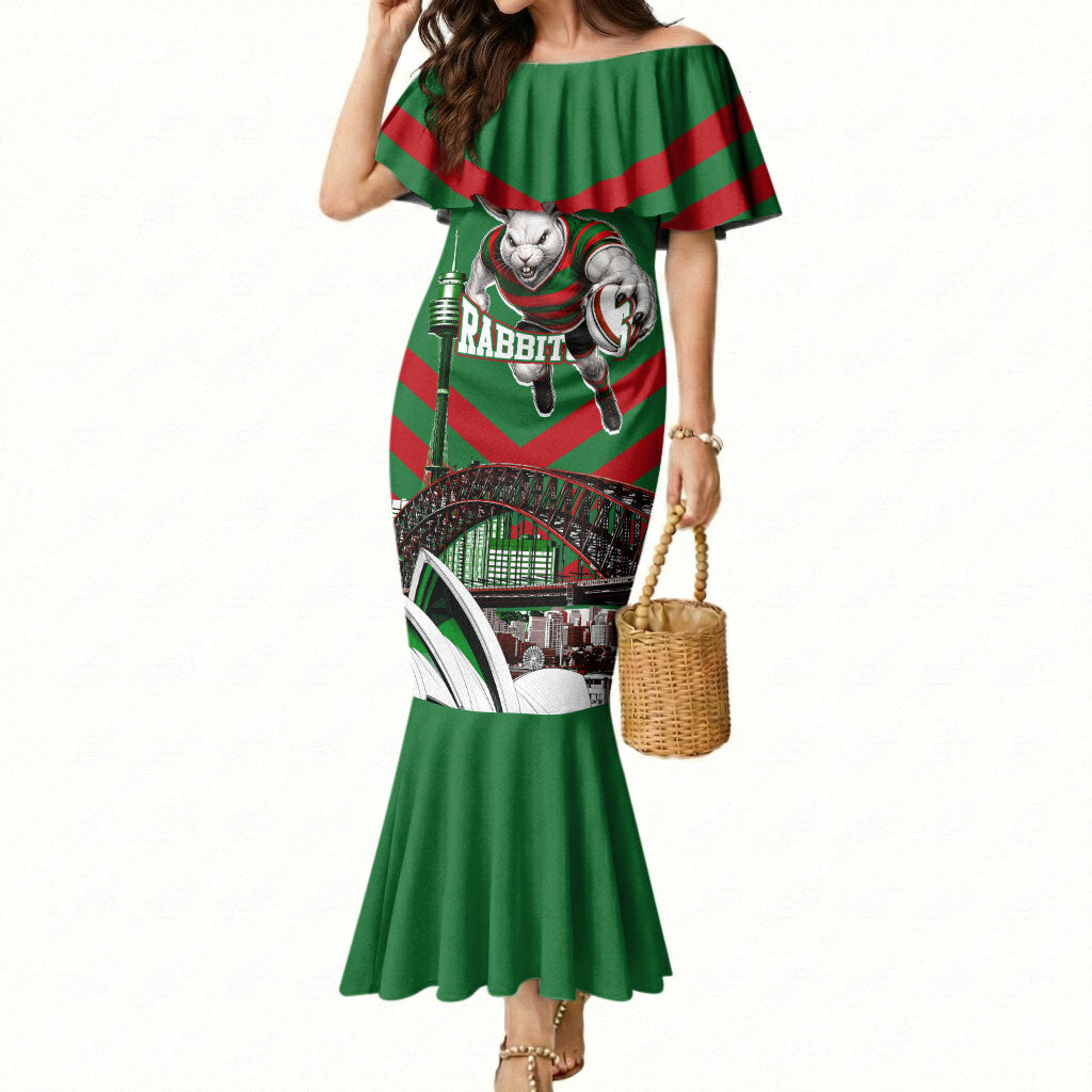 Personalized South Sydney Rabbitohs Rugby Mermaid Dress Fierce Mascot And Sydney Skyline Graphic Art