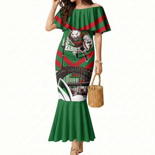 Personalized South Sydney Rabbitohs Rugby Mermaid Dress Fierce Mascot And Sydney Skyline Graphic Art