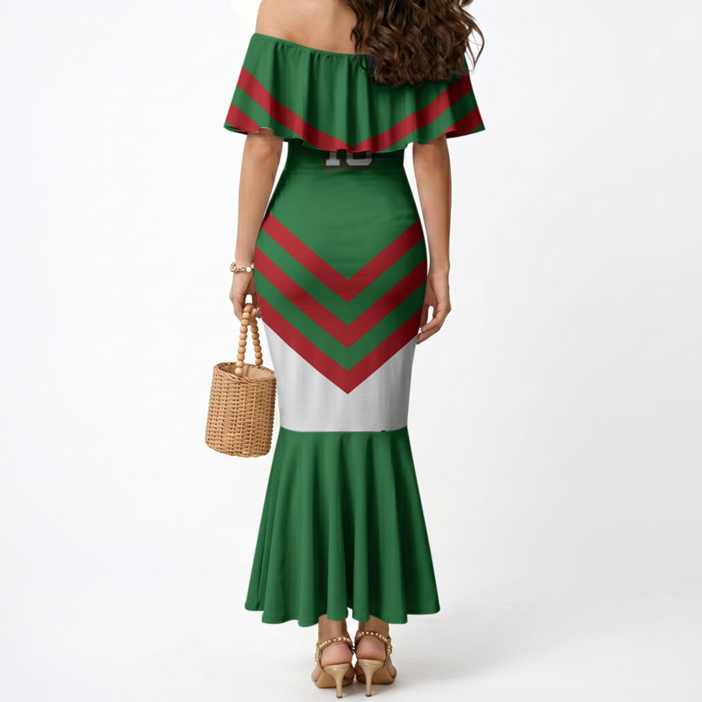 Personalized South Sydney Rabbitohs Rugby Mermaid Dress Fierce Mascot And Sydney Skyline Graphic Art