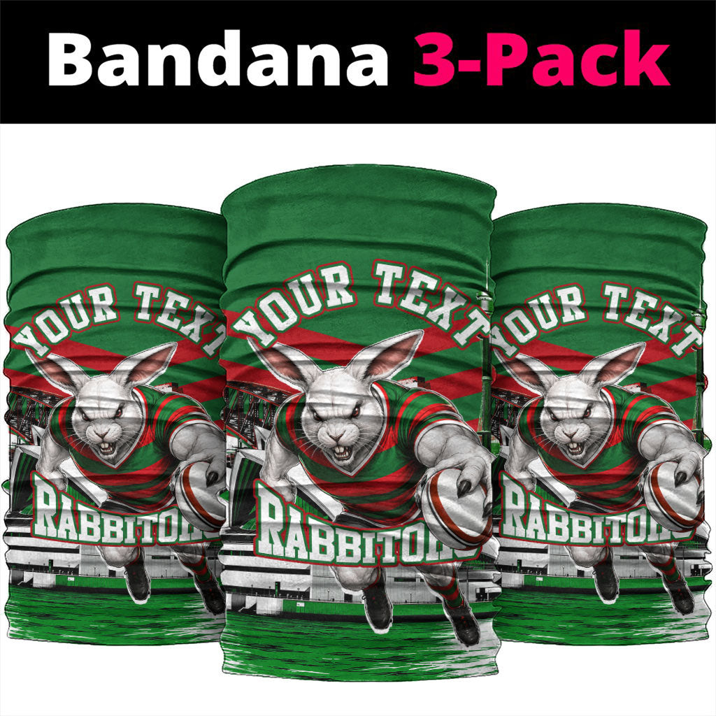 Personalized South Sydney Rabbitohs Rugby Neck Gaiter Fierce Mascot And Sydney Skyline Graphic Art