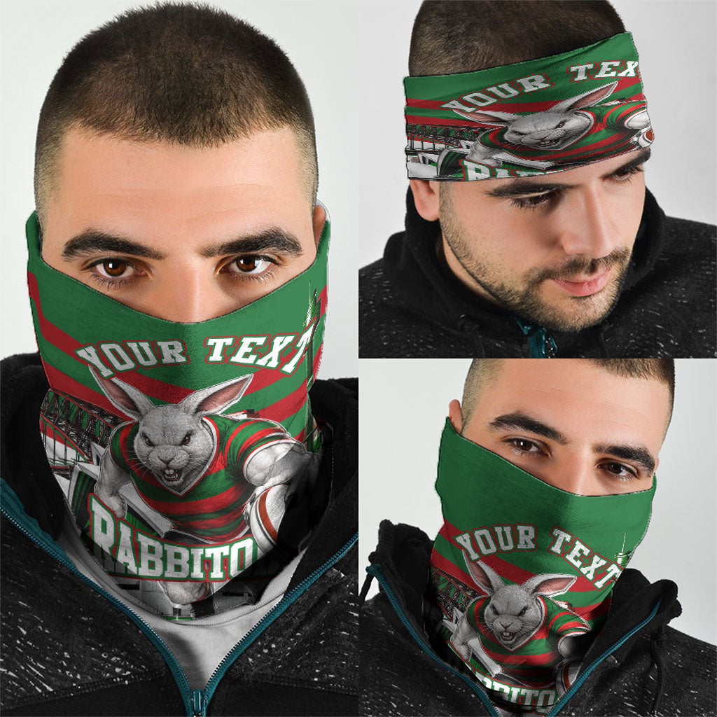 Personalized South Sydney Rabbitohs Rugby Neck Gaiter Fierce Mascot And Sydney Skyline Graphic Art