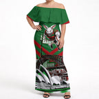 Personalized South Sydney Rabbitohs Rugby Off Shoulder Maxi Dress Fierce Mascot And Sydney Skyline Graphic Art