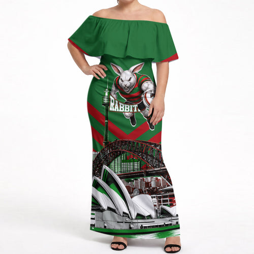 Personalized South Sydney Rabbitohs Rugby Off Shoulder Maxi Dress Fierce Mascot And Sydney Skyline Graphic Art