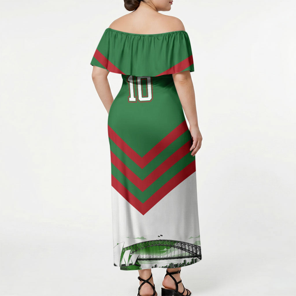Personalized South Sydney Rabbitohs Rugby Off Shoulder Maxi Dress Fierce Mascot And Sydney Skyline Graphic Art