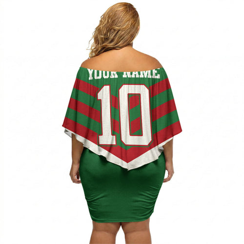 Personalized South Sydney Rabbitohs Rugby Off Shoulder Short Dress Fierce Mascot And Sydney Skyline Graphic Art