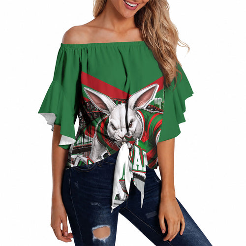 Personalized South Sydney Rabbitohs Rugby Off Shoulder Wrap Waist Top Fierce Mascot And Sydney Skyline Graphic Art