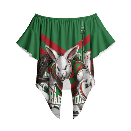 Personalized South Sydney Rabbitohs Rugby Off Shoulder Wrap Waist Top Fierce Mascot And Sydney Skyline Graphic Art