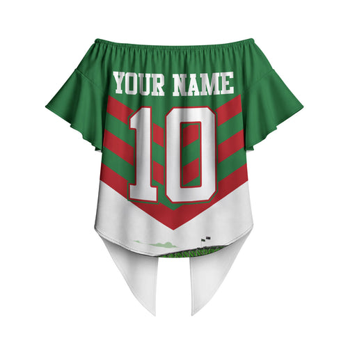 Personalized South Sydney Rabbitohs Rugby Off Shoulder Wrap Waist Top Fierce Mascot And Sydney Skyline Graphic Art