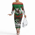 Personalized South Sydney Rabbitohs Rugby Off The Shoulder Long Sleeve Dress Fierce Mascot And Sydney Skyline Graphic Art