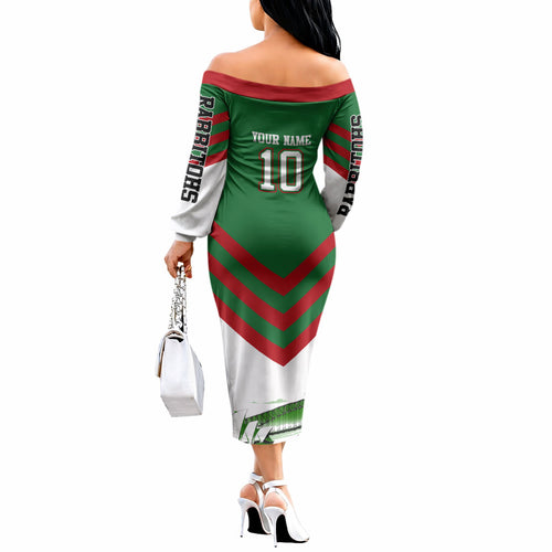 Personalized South Sydney Rabbitohs Rugby Off The Shoulder Long Sleeve Dress Fierce Mascot And Sydney Skyline Graphic Art