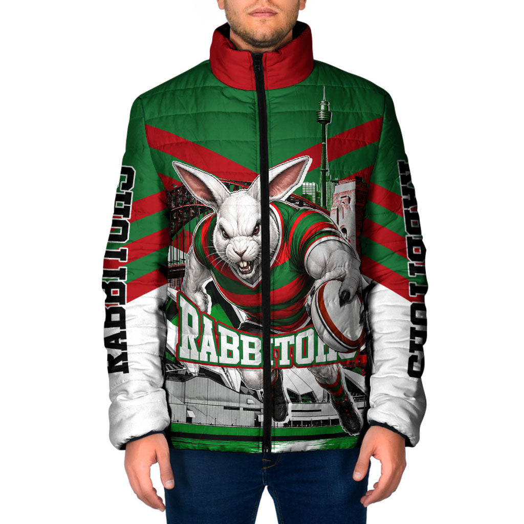 Personalized South Sydney Rabbitohs Rugby Padded Jacket Fierce Mascot And Sydney Skyline Graphic Art