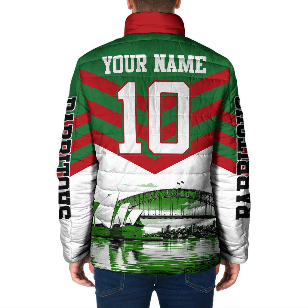 Personalized South Sydney Rabbitohs Rugby Padded Jacket Fierce Mascot And Sydney Skyline Graphic Art