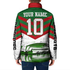 Personalized South Sydney Rabbitohs Rugby Padded Jacket Fierce Mascot And Sydney Skyline Graphic Art