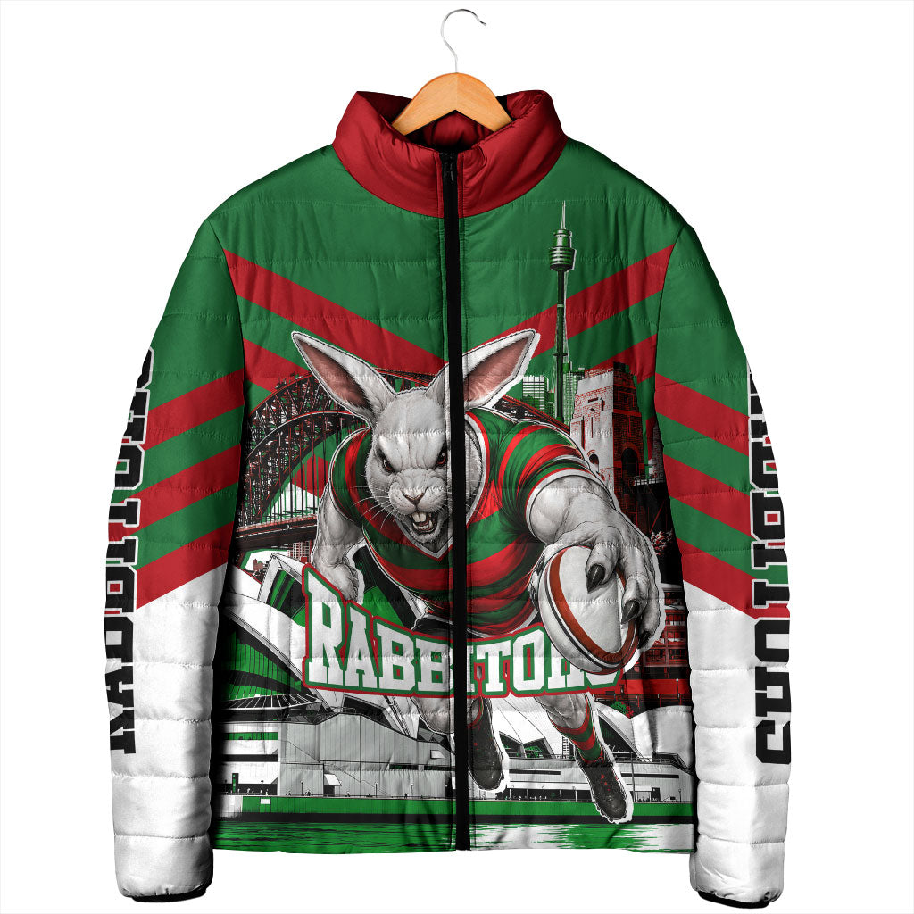 Personalized South Sydney Rabbitohs Rugby Padded Jacket Fierce Mascot And Sydney Skyline Graphic Art