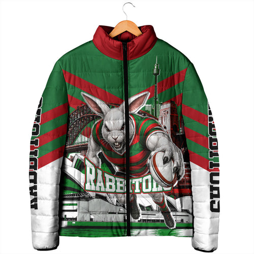 Personalized South Sydney Rabbitohs Rugby Padded Jacket Fierce Mascot And Sydney Skyline Graphic Art