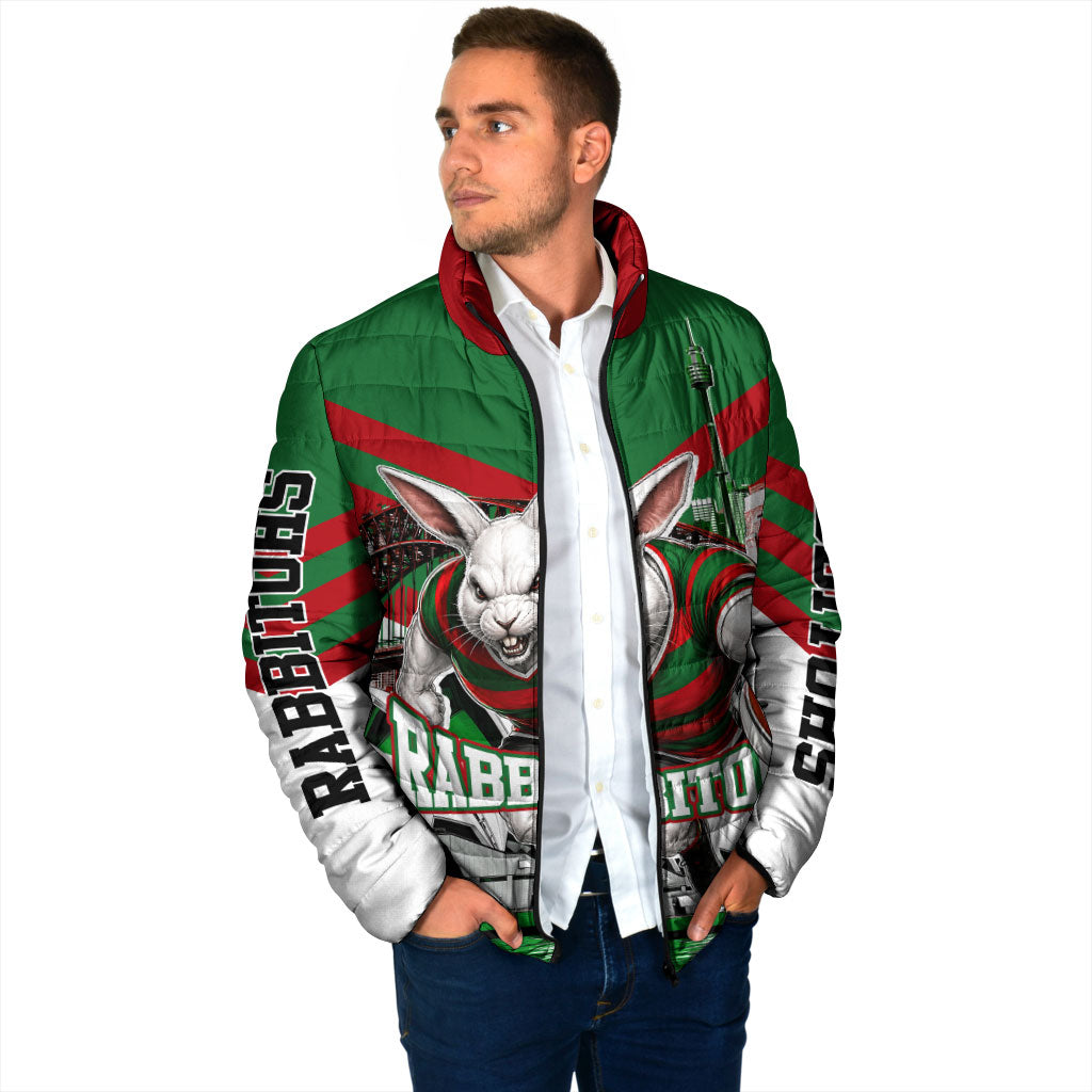 Personalized South Sydney Rabbitohs Rugby Padded Jacket Fierce Mascot And Sydney Skyline Graphic Art