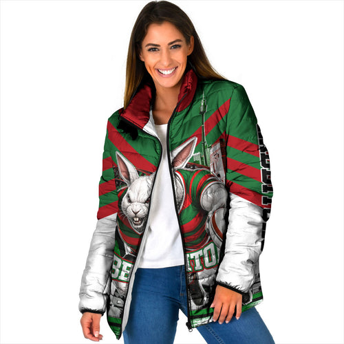 Personalized South Sydney Rabbitohs Rugby Padded Jacket Fierce Mascot And Sydney Skyline Graphic Art