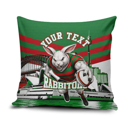 Personalized South Sydney Rabbitohs Rugby Pillow Cover Fierce Mascot And Sydney Skyline Graphic Art