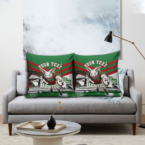 Personalized South Sydney Rabbitohs Rugby Pillow Cover Fierce Mascot And Sydney Skyline Graphic Art