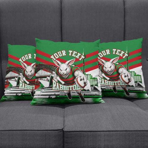 Personalized South Sydney Rabbitohs Rugby Pillow Cover Fierce Mascot And Sydney Skyline Graphic Art