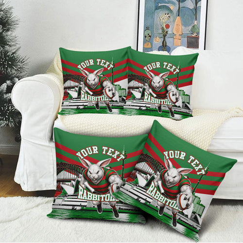 Personalized South Sydney Rabbitohs Rugby Pillow Cover Fierce Mascot And Sydney Skyline Graphic Art