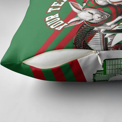 Personalized South Sydney Rabbitohs Rugby Pillow Cover Fierce Mascot And Sydney Skyline Graphic Art