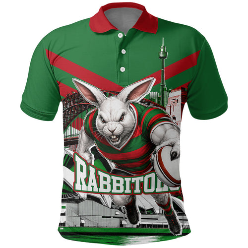 Personalized South Sydney Rabbitohs Rugby Polo Shirt Fierce Mascot And Sydney Skyline Graphic Art