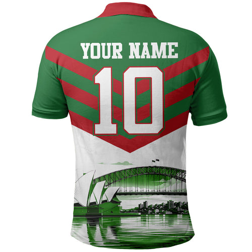 Personalized South Sydney Rabbitohs Rugby Polo Shirt Fierce Mascot And Sydney Skyline Graphic Art