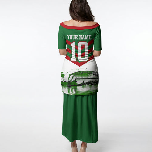 Personalized South Sydney Rabbitohs Rugby Puletasi Fierce Mascot And Sydney Skyline Graphic Art