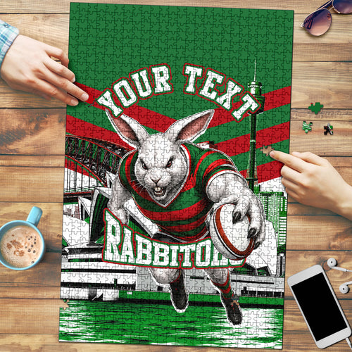 Personalized South Sydney Rabbitohs Rugby Puzzle Fierce Mascot And Sydney Skyline Graphic Art