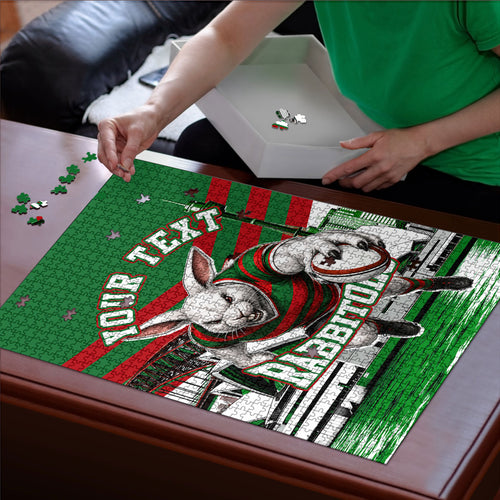 Personalized South Sydney Rabbitohs Rugby Puzzle Fierce Mascot And Sydney Skyline Graphic Art