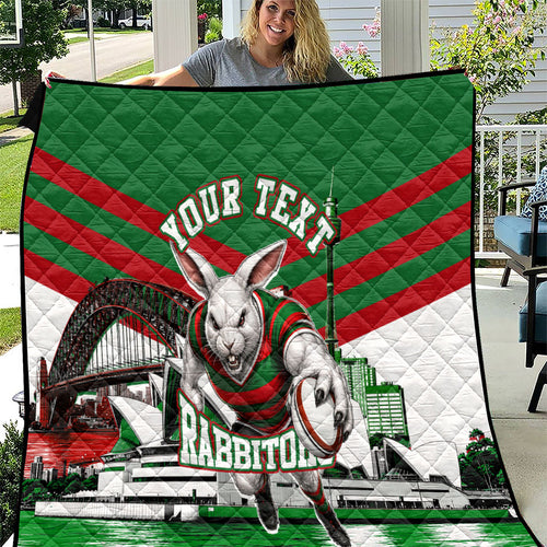 Personalized South Sydney Rabbitohs Rugby Quilt Fierce Mascot And Sydney Skyline Graphic Art