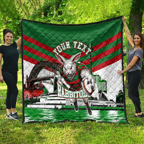 Personalized South Sydney Rabbitohs Rugby Quilt Fierce Mascot And Sydney Skyline Graphic Art