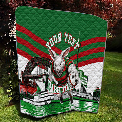 Personalized South Sydney Rabbitohs Rugby Quilt Fierce Mascot And Sydney Skyline Graphic Art