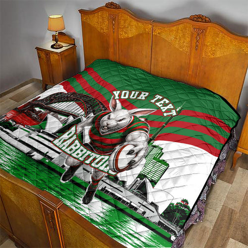 Personalized South Sydney Rabbitohs Rugby Quilt Fierce Mascot And Sydney Skyline Graphic Art